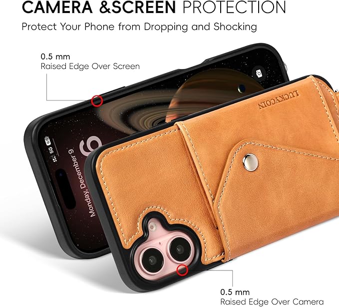 LUCKYCOIN Crossbody Wallet Phone Case for iPhone 16 Plus,100% Genuine Leather Wallet Phone Case with Expandable Flip Card Holder,Phone Purse for Women with Adjustable Removable Strap - Brown