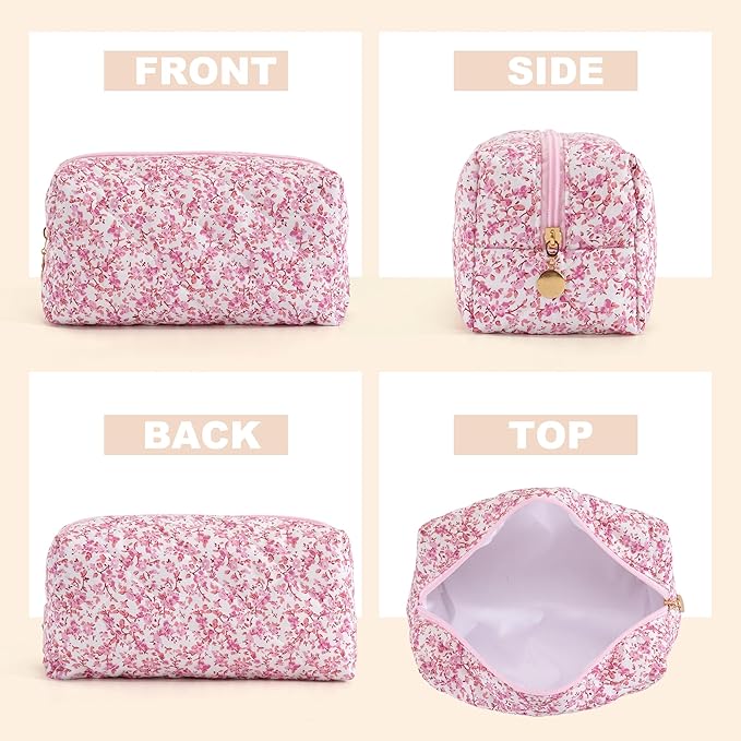 Makeup Bag Travel Toiletry Bag for Women, Small Cosmetic Bags Cute Quilted Cotton Makeup Pouch for Purse Emergency Bag for School Floral Pencil Case Accessory Bag, Baby Pink