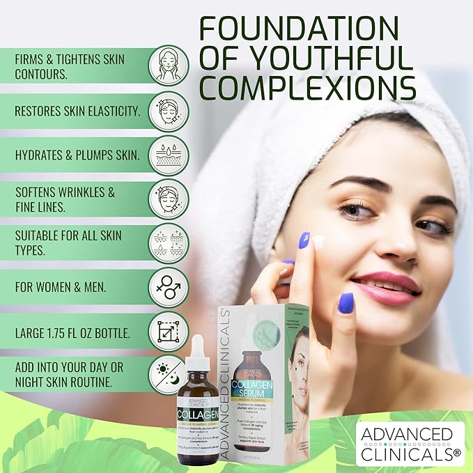 Advanced Clinicals Collagen Serum For Face | Visible Anti Aging Collagen Peptide Serum + Hyaluronic Acid Moisturizer Improves Look Of Wrinkles, Dry Skin, & Fine Lines, No added Fragrance, 2-Pack