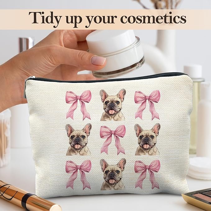 French Bulldog Makeup Bag, Coquette Pink Bow Frenchie Dog Cosmetic Bags for Women, French Bulldog Gifts Makeup Pouch, Frenchie Mom Gifts Zipper Pouch