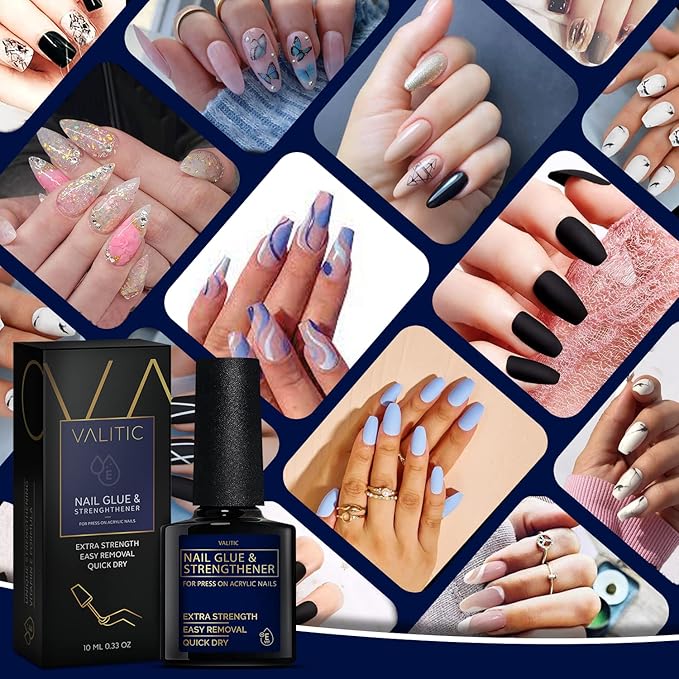 Valitic Strong Nail Glue and Strengthener for Acrylic and Press On Nails - Quick Dry Brush On Gel for Long Lasting Effect - Adhesive Nail Bond for False Nails with Tips Strengthener - 2 PACK