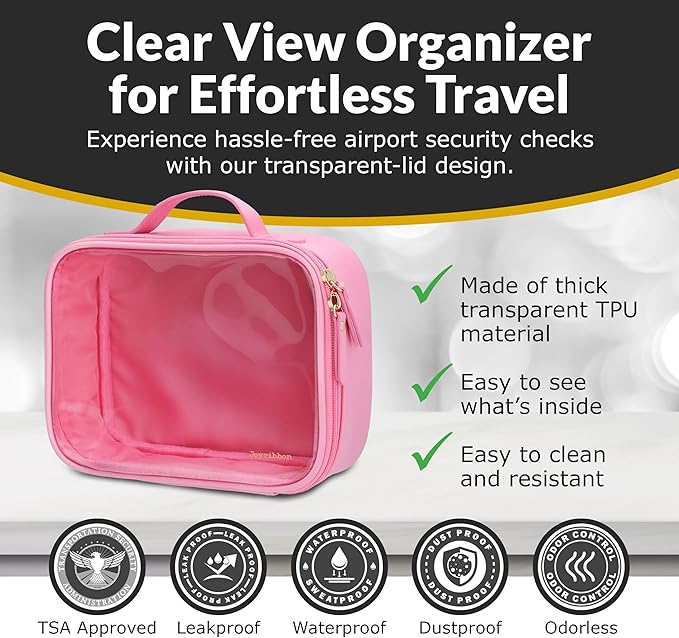 Pink Makeup Cosmetic Bag, Travel Toiletry Bag, Cute Makeup Pouch, Transparent Travel Case, Clear Front, Waterproof and Quart Size Bag, Best Gift for Girls, Teens, Women