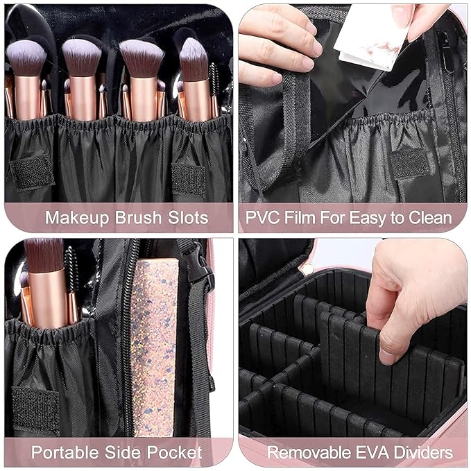 gzcz Travel Makeup Bag,Professional Cosmetic Bags for Women,Portable Makeup Brush Bag Organizer Storage with Adjustable Dividers and Shoulder Strap