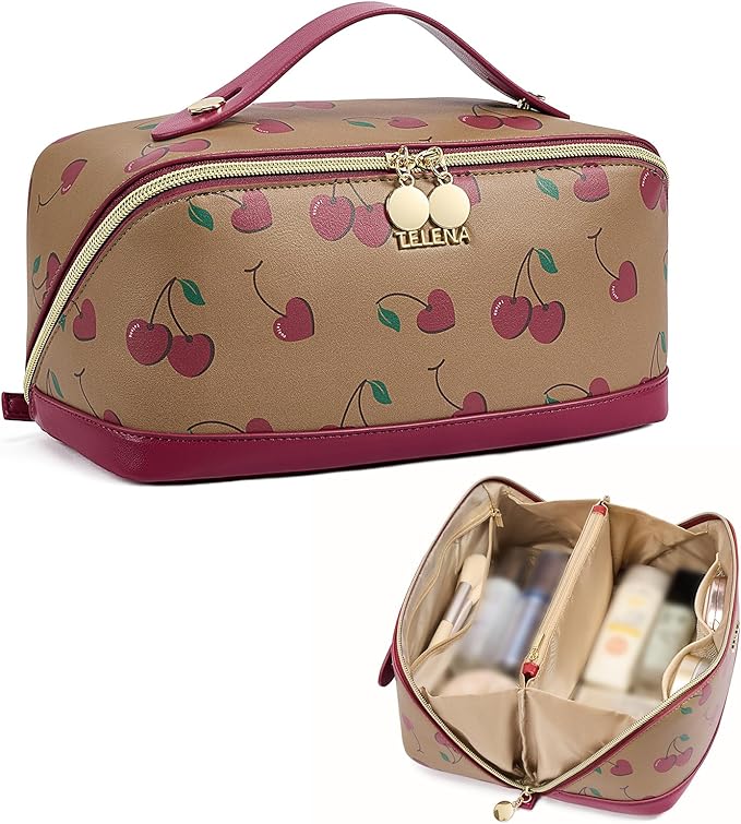 Telena Leather Make Up Bag Portable Travel Makeup Bag Waterproof Cosmetic Bags for Women Large Capacity With Handle and Divider Open Flat