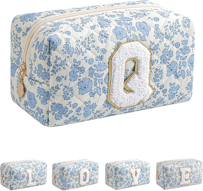 JOVAKIT Alphabet Makeup Bag Cosmetic Bag for Women, Christmas Gifts for Girls Age 6-18, Floral Flowers Coquette Travel Toiletry Zipper Make Up Pouch Organizer Trendy Stuff (Blue Floral Q)