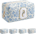 JOVAKIT Alphabet Makeup Bag Cosmetic Bag for Women, Christmas Gifts for Girls Age 6-18, Floral Flowers Coquette Travel Toiletry Zipper Make Up Pouch Organizer Trendy Stuff (Blue Floral Q)