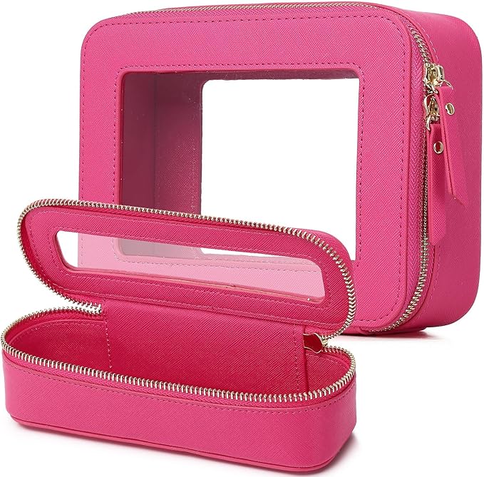 Pinkmik Travel Clear Makeup Bag with Brush Case TSA Approved Toiletry Bag Waterproof Cosmetic Organizer with Zipper Car Essential for Women (X/Fuxia, M+SLIM)