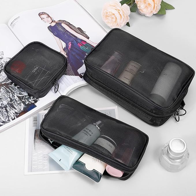 5 Pieces Mini Zipper Nylon Mesh Pouch, Mesh Cosmetic Bags Makeup Bags, Multipurpose Travel Toiletry Bags for Office Supplies and Travel Accessories (Black, Assorted Sizes)