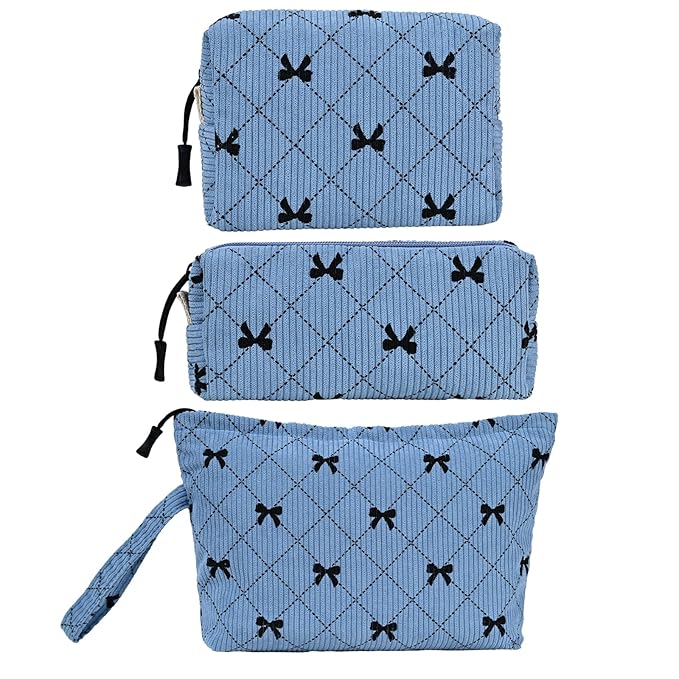 Small Cosmetic Bag set for Women Corduroy Makeup Bag with Interior Pocketes Cute Corduroy Makeup Pouches Women Small Toiletry Bag (Blue Bowknot)