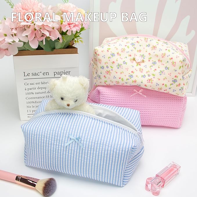 PAZIMIIK Cozy Makeup Bag Travel Cosmetic Bag for Women Soft Toiletry Bag Aesthetic Makeup Organizer Portable Large Zipper Pouch for Skincare Beauty Accessories Brushes Stripe Blue