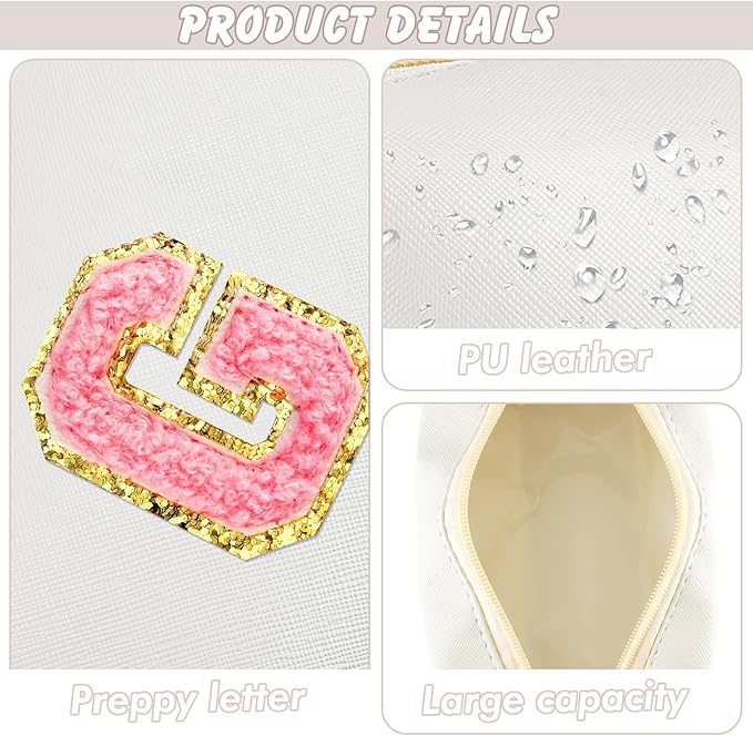 Initial Makeup Bag Personalized Preppy Travel Small Cosmetic Bag Cute PU White Chenille Letter Makeup Pouch for Purse Waterproof Zippered Toiletry Organizer for Women Girls Kids Friends (G)