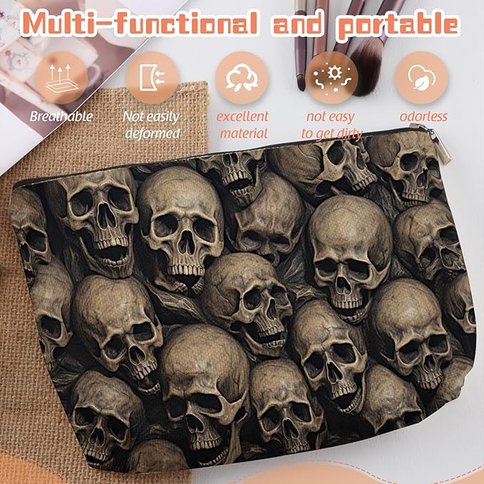 Makeup Bag Travel Cosmetic Bags Small Makeup Case Waterproof Zipper Pouch for Women Girls 7X9inches - Array of Human Skulls in A Dark Setting