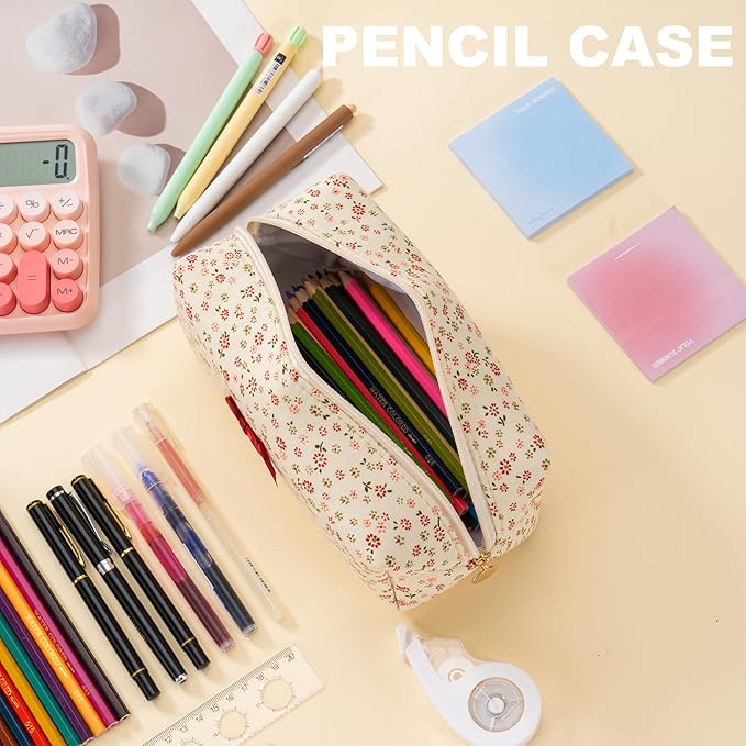 Makeup Bag Travel Toiletry Bag for Women, Small Cosmetic Bags Cute Quilted Cotton Makeup Pouch for Purse Emergency Bag for School Floral Pencil Case Accessory Bag, Tie Bow