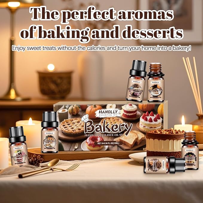 Bakery Essential Oils Set，Premium Fragrance Oil for Diffusers, Scented Oils for Soap & Candle Making, Pumpkin Pie, Apple Pie, S'Mores, Red Velvet Cake, Strawberry Shortcake,Glazed Donut