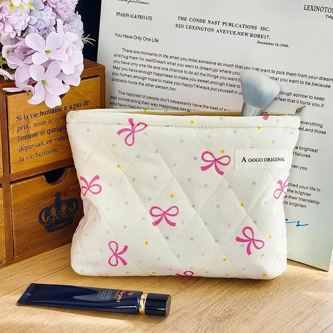 STARDW Cute Cotton Quilted Makeup Bag Cosmetic Bags for Women and Girls,Travel Toiletry Bag Floral Makeup Zipper Pouch, Purse Organizer Pouches,Canvas Lining