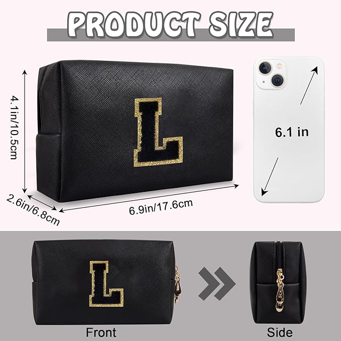 Personalized Initial Preppy Travel Makeup Bag Organizer, Small Black Cute Cosmetic Bag Toiletry Zipper Pouch for Purse, Portable Waterproof PU Make Up Case Birthday Gift for Her Mom Teacher(Letter L)