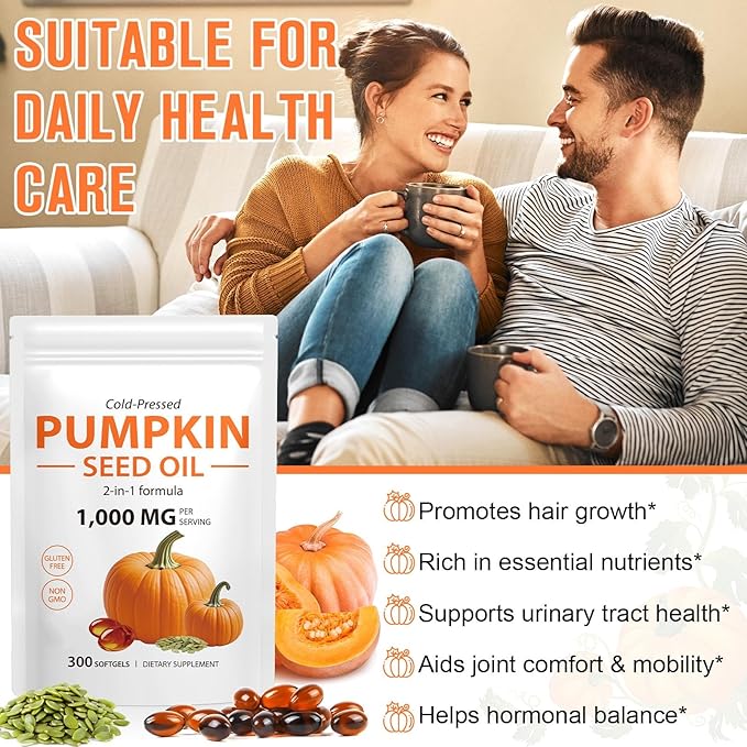 Pumpkin Seed Oil Capsules, 2 in 1 Pumpkin Seed Extract 300 Softgels,Supports for Hair Growth