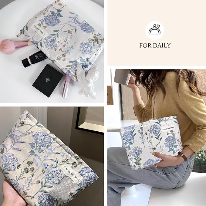 STARDW Aesthetic Floral Makeup Bag Cute Small Cosmetic Bags for Women Girls, Travel Toiletry Bag Large Capacity Zipper Makeup Pouch, Purse Organizer Pouches (Dandelion Blue)