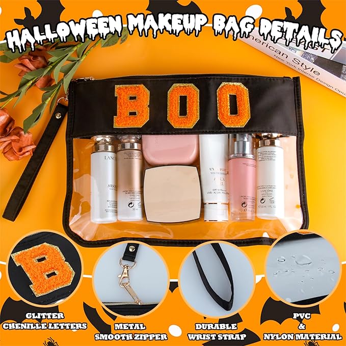 2 Pcs Halloween Gifts Cosmetic Makeup Bag with Boo Chenille Letter Patch, Clear Pouch PVC Organizer Purse, Waterproof Travel Bag, Portable Toiletry Storage Bag for Her Girls Friends Women