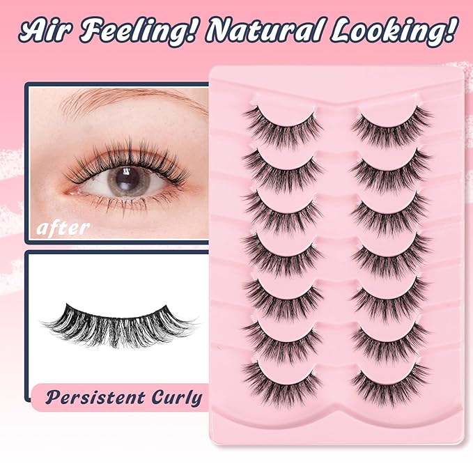 False Lashes Wispy Eyelashes Natural Look 15MM Fake Eyelashes 0.1MM Thin Band Strip Lashes Lightweight False Eyelash 3D Volume Fluffy Eye Lash C Curl Soft Siligli 7 Pair