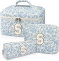 Initial Makeup Bag Set, Personalized Quilted Makeup Bag, Large Floral Cosmetic Bag for Women, Cute Cotton Custom Make up Bags, Flower Travel Toiletry Bag Teen Girl Gift Blue Flower S