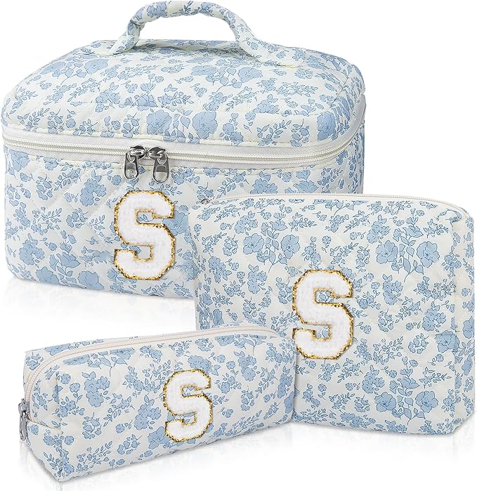 Initial Makeup Bag Set, Personalized Quilted Makeup Bag, Large Floral Cosmetic Bag for Women, Cute Cotton Custom Make up Bags, Flower Travel Toiletry Bag Teen Girl Gift Blue Flower S