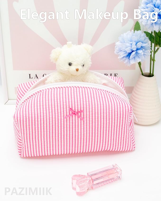 PAZIMIIK 2PCS Cozy Makeup Bag Small Aesthetic Travel Zipper Cosmetic Pouch for Women Make Up Beauty Accessories Brushes, Stripe Hotpink