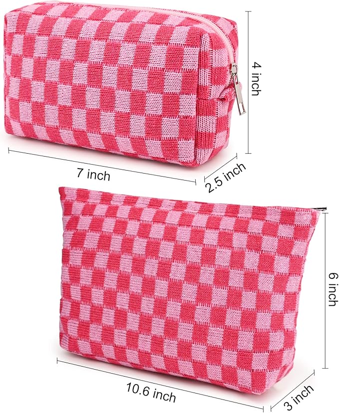 SOIDRAM 2 Pieces Makeup Bag Large Checkered Cosmetic Bag Capacity Canvas Mix Travel Toiletry Bag Organizer Cute Makeup Brushes Aesthetic Accessories Storage Bag for Women, Checkered Mix Rose Red