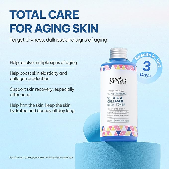 Vita A & Collagen Rich Toner 200ml/6.76 fl.oz - Anti-Aging Retinol Face Toner with Marine Collagen & Panthenol for Fine Lines, Wrinkles, Elasticity & Deep Hydration, Korean Skincare