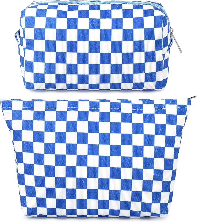 SOIDRAM 2 Pcs Checkered Makeup Bag Large Cosmetic Bag Toiletry Bag Makeup Pouch Travel Bag Organizer Cute Makeup Brushes Aesthetic Accessories Storage Bag for Women Royal Blue