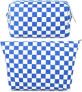 SOIDRAM 2 Pcs Checkered Makeup Bag Large Cosmetic Bag Toiletry Bag Makeup Pouch Travel Bag Organizer Cute Makeup Brushes Aesthetic Accessories Storage Bag for Women Royal Blue