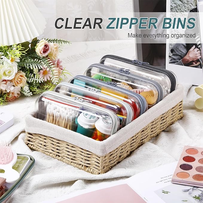 Sanwuta 6 Pcs Clear Hard Zipper Case Hard Plastic Zipper Pouches Makeup Bag Pencil Pouches Transparent Cases for Snacks Plastic Storage Organizer Box for Travel(Blue-green,7.48 x 3.94 x 2 Inch)