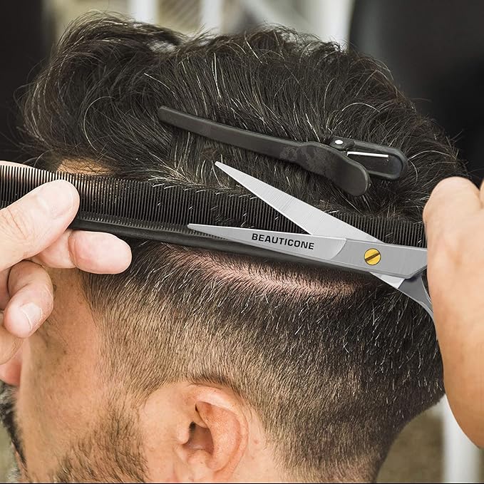 BEAUTICONE ® Hair Cutting Scissors - Professional Barber-Grade Salon Shears with Serrated & Razor Edge - Silver Premium & Extra Accs - Ultra Lightweight
