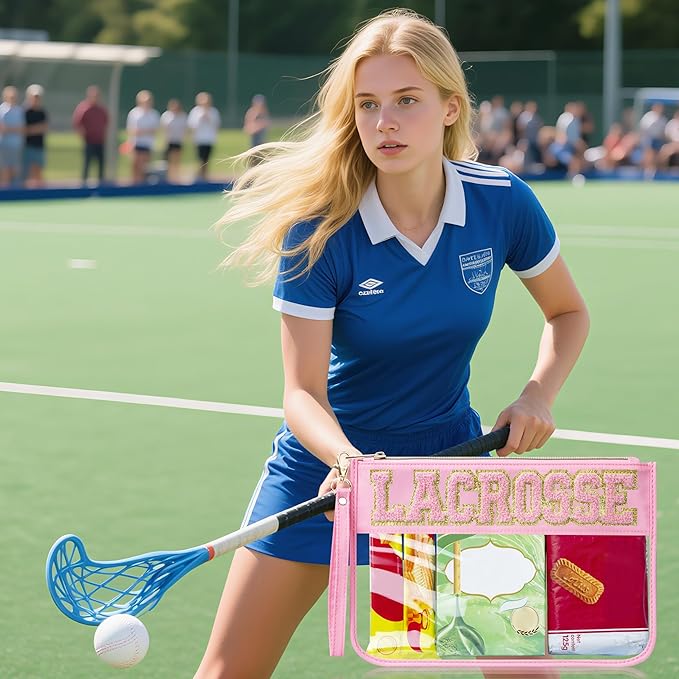 2 Pcs Lacrosse Gifts Makeup Bag with Chenille Letter Patch, Clear Cosmetic Pouch PVC Organizer Purse, Waterproof Travel Bag, Portable Toiletry Storage Bag for Her Girls Friends Women