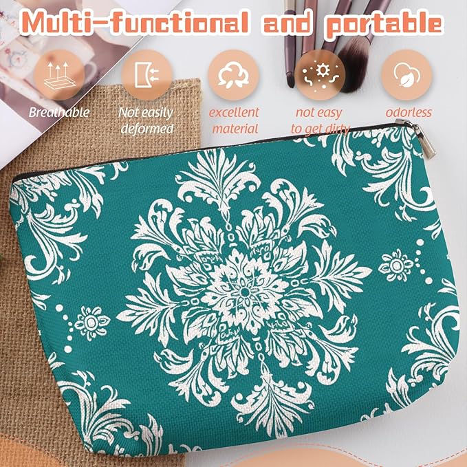 Makeup Bag Travel Cosmetic Bags Small Makeup Case Waterproof Zipper Pouch for Women Girls 7X9inches - White Floral Ornamentation in A Circular Layout