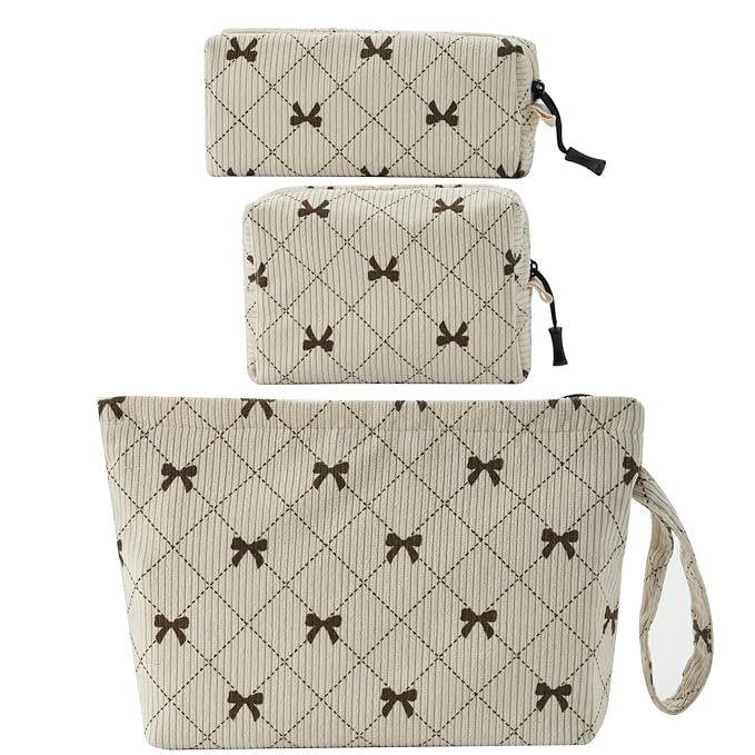 Makeup bag set small Cosmetic bag for women purse Corduroy Organizer with interior Pockets,cute Pencil zipper Pouch travel Toiletry Bag with handle(Beige Bowknot)