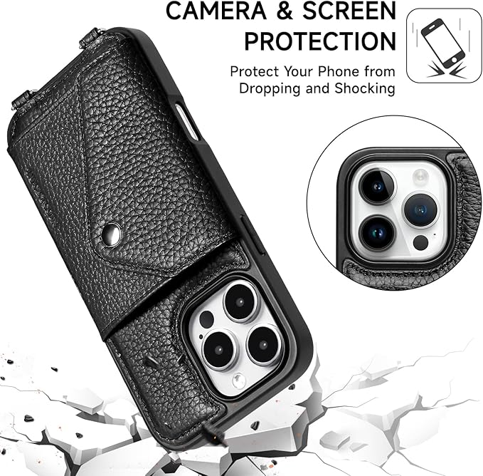 LUCKYCOIN Crossbody Wallet Phone Case for iPhone 16 Pro Max,100% Genuine Leather Wallet Phone Case with Expandable Flip Card Holder,Phone Purse for Women with Adjustable Removable Strap - Pebble Black