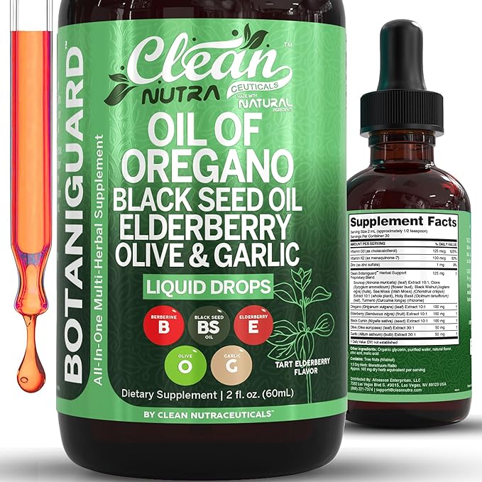 Clean Nutra Oil of Oregano Drops Black Seed Oil Elderberry Vitamin D D3 K2 Olive Garlic Immune Support Supplement Wellness Formula Zinc Supplements Liquid 2 Fl Oz BotaniGuard Vegan, Non-GMO