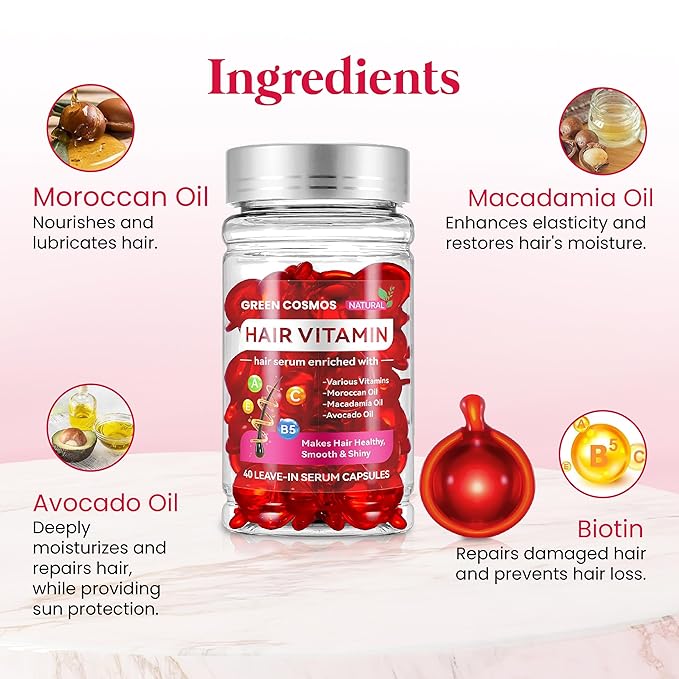 Green Cosmos Hair Vitamin Treatment & Moisturizing Oil Capluse with Avocado, Macadamia & Moroccan Oil for Dry and Damaged Hair - Leave-in Anti Frizz Conditioner with Vitamins A, C, E & B5-40 Capsules