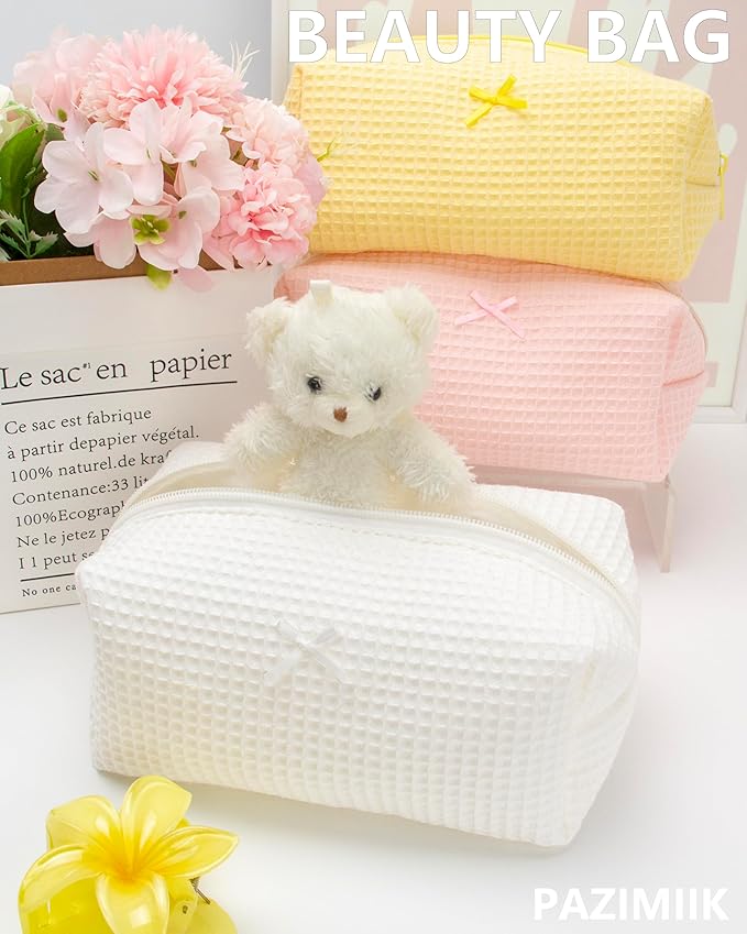 PAZIMIIK 2PCS Cozy Makeup Bag Travel Cosmetic Bag for Women Soft Toiletry Bag Aesthetic Makeup Organizer Portable Large Zipper Pouch for Skincare Beauty Accessories Brushes Waffle Check Cream White