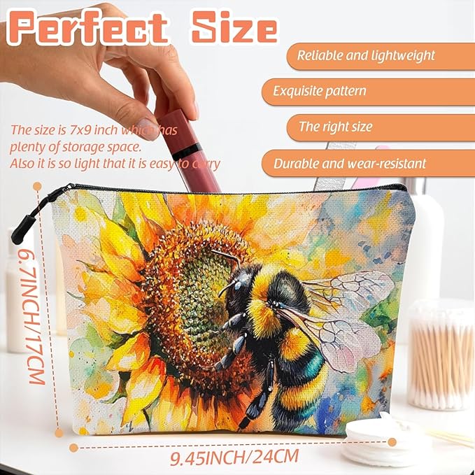 Cosmetic Bags Travel Makeup Toilet Case Waterproof Pouch for Women Girls 6.7X9.45inches - Bee on A Sunflower in Watercolor Painting