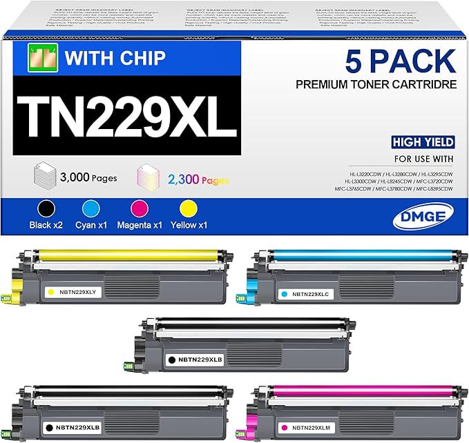 TN229XL TN229 Toner 5 Pack Compatible with Brother MFC-L3780CDW MFC-L3720CDW HL-L3280CDW HL-L3220CDW HL-L3295CDW, TN229XL
