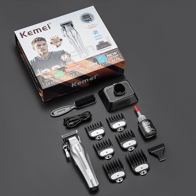 KEMEI 1798 Professional Hair Clippers for Men, 9100 RPM Cordless Barber Clippers with Full Metal Body, 3000 mAh Hair Trimmer with LED Display, Ceramic and DLC Blades