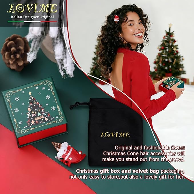 Original Italian Designed Mini Christmas Hair Claw Clips for Women, Strong Grip Plant-Based Acetate Hair Clips for Girls, Cute Santa Ice Cream Hair Accessories with Gift Box 1pcs