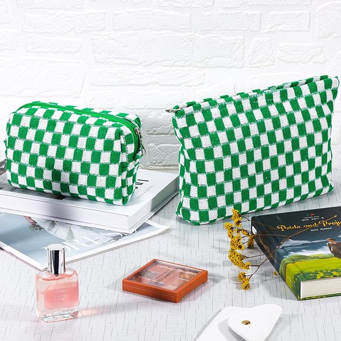 ZLFSRQ 2Pcs Checkered Makeup Bag for Women Large Small Checkered Cosmetic Bag Set Aesthetic Preppy Pencil Case Cute Pencil Pouch Green Makeup Pouch for Purse Travel Toiletry Bags Zipper Skincare Bags