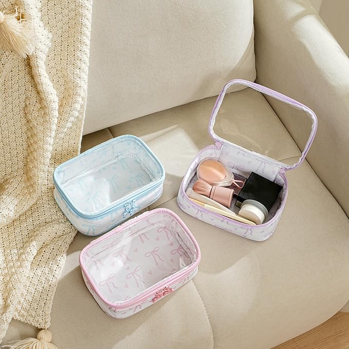 Cute Clear Makeup Bag with Bow Pattern,Transparent Nylon Travel Cosmetic Case with Zipper,Portable Makeup Organizer Pouch for Essentials(02Blue)