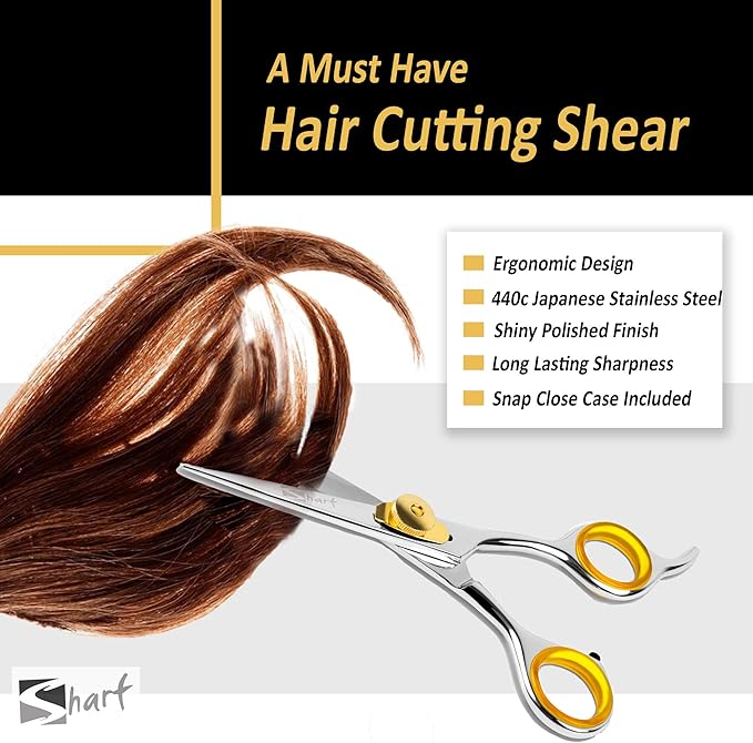 SHARF Professional 5.75” Straight Barber Scissors: Sharp 440c Japanese Stainless Steel Hair Cutting Shears For Men & Women| Gold Touch Series Trimming Scissors w/Easy Grip Handles