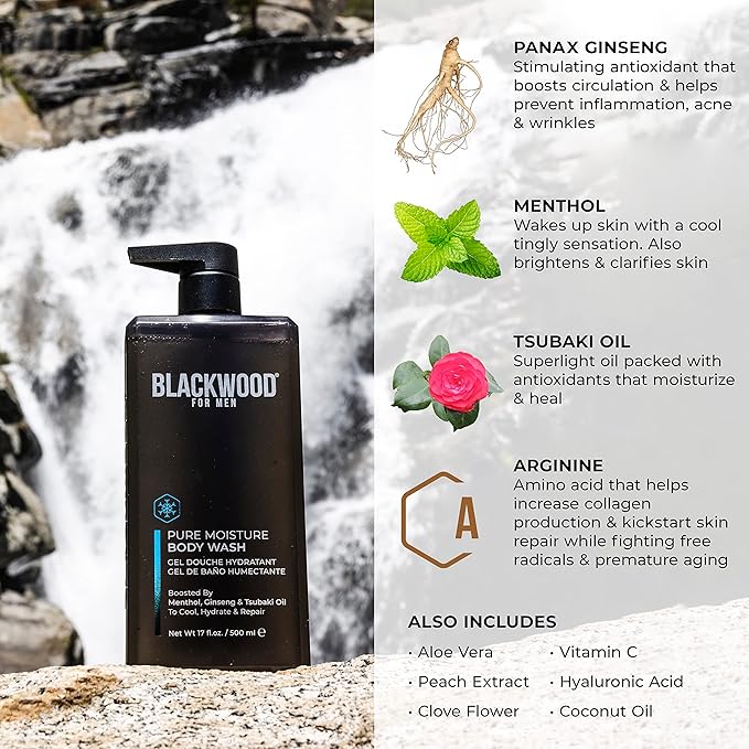 Blackwood For Men Pure Moisture Body Wash - Natural Mens Body Wash with Ginseng & Cooling Menthol - Sulfate Free Moisturizing Cleanser & Bodywash for Dry Skin or Sensitive Skin - Dye Free, Vegan, 17oz