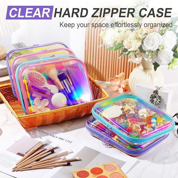 Sanwuta 6 Pcs Clear Hard Zipper Case Hard Plastic Zipper Pouches Makeup Bag Pencil Pouches Transparent Cases for Snacks Plastic Storage Organizer Box for Travel(Holographic,9.84 x 7.87 x 2 Inch)