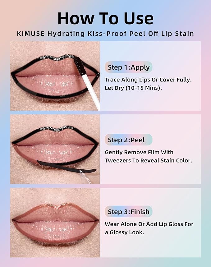 KIMUSE Long-Lasting Lip Stain Peel Off Mask, 12H Smudge-Proof Transfer-Resistant Lip Tint, Vegan & Non-Drying Formula for Bold Matte Finish, Easy Peel Application